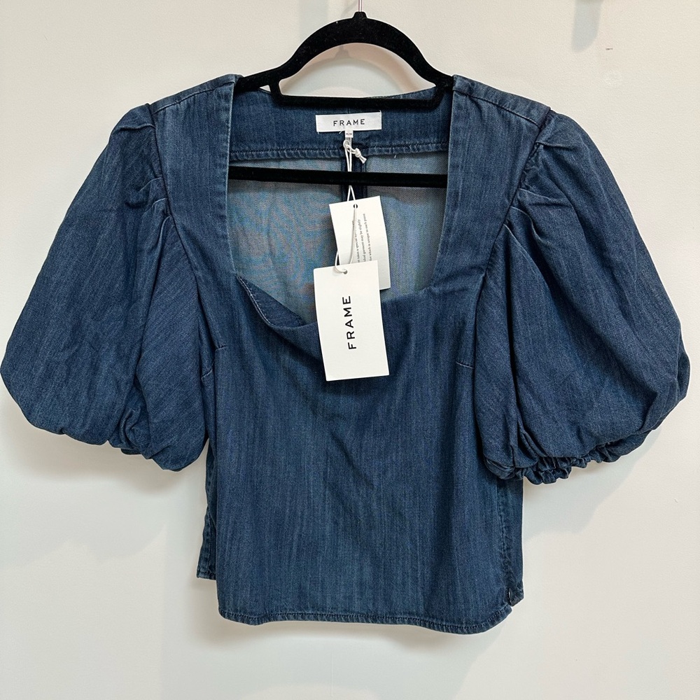 Frame Denim Blue Puff Sleeve Crop Blouse
